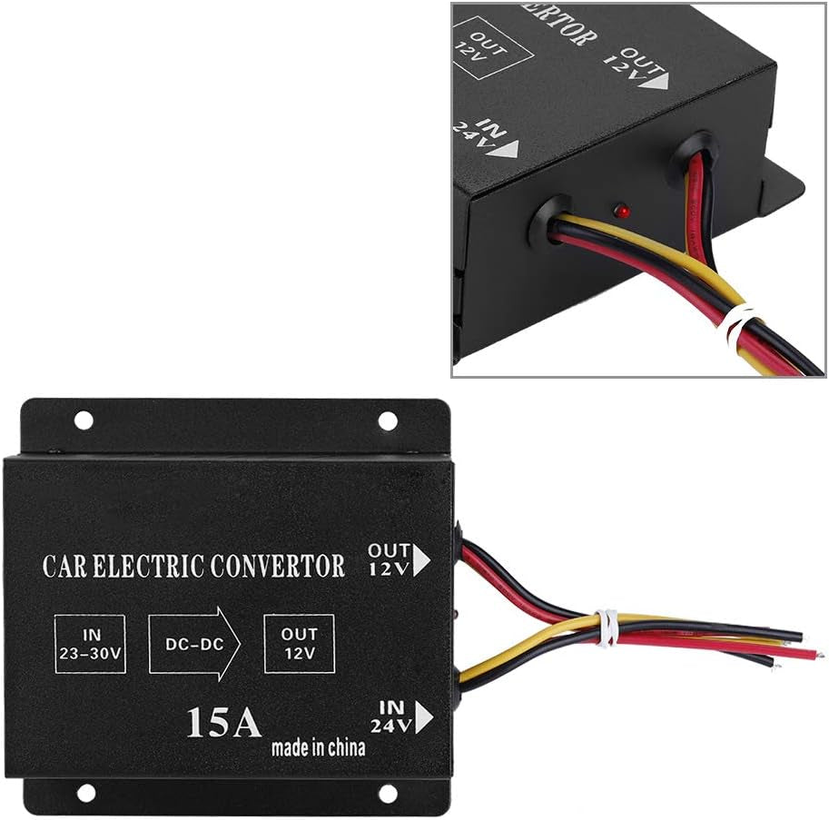 DC 24V to 12V Power Inverter Converter Car Truck Electric Voltage Reducer Step-Down Transformer (24V to 12V/15A/180W)