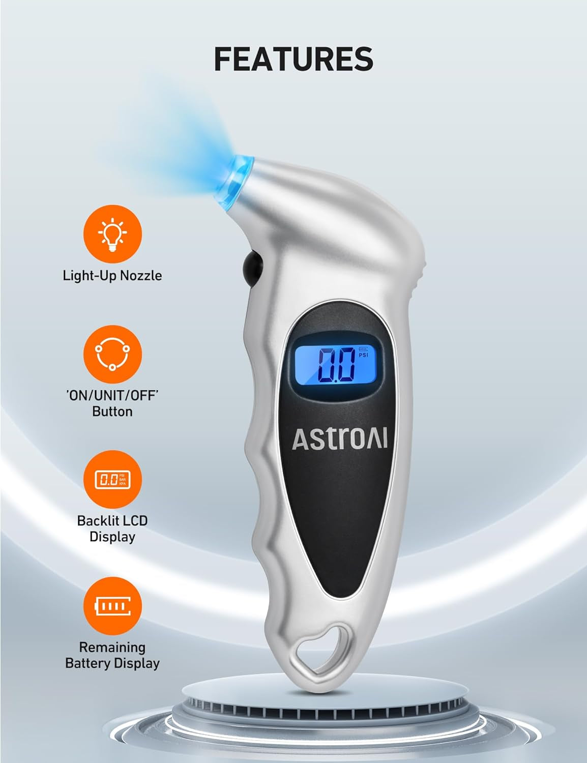Digital Tyre Pressure Gauge 150 PSI 4 Settings for Car Truck Bicycle with Backlit LCD and Non-Slip Grip Tyre Pressure Checker, Silver