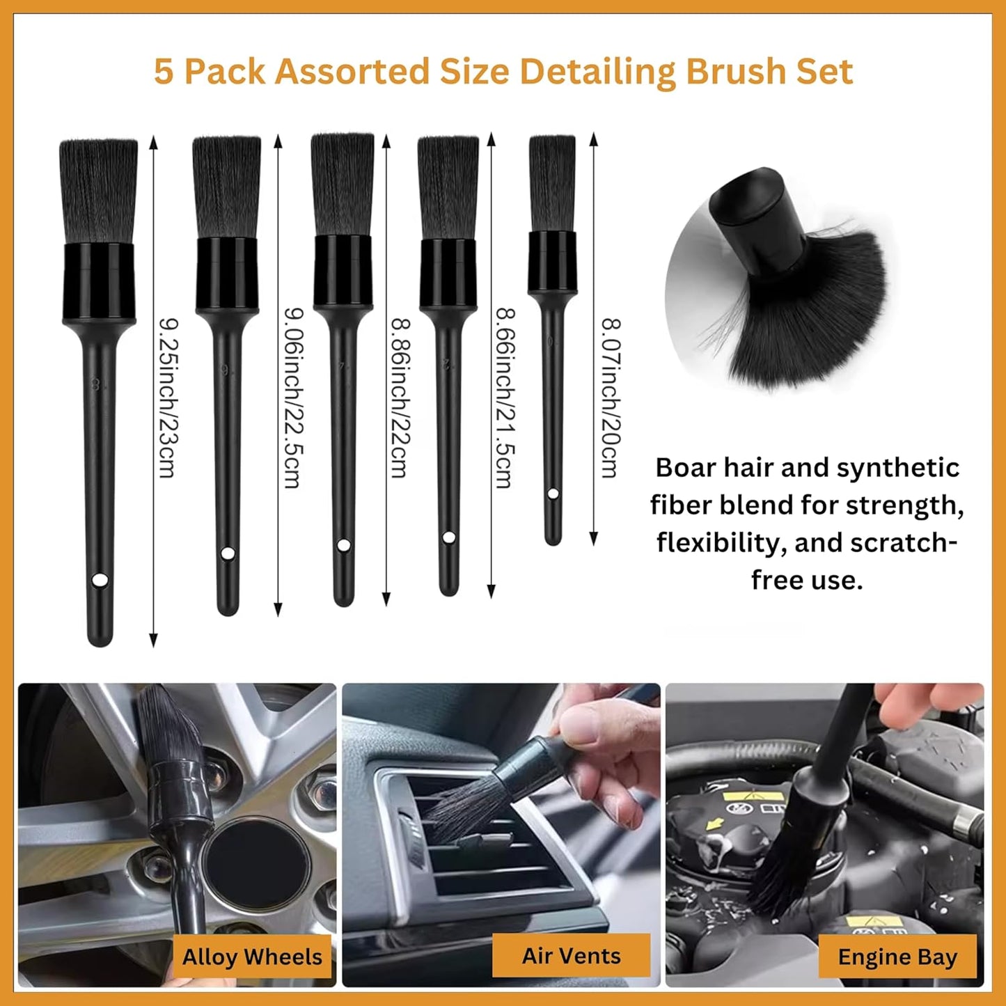Pro Detailing Brush Set 5 Pack Car Cleaning Kit, Soft Detailing Brushes for Interior & Exterior, Wheel Brush, Car Interior Cleaner, Dashboard Cleaner, Car Detailing Tools & Accessories