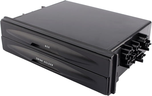 Single Din Cup Holder and Storage Box - Universal Radio Replacement Pocket for Dash Kit, Black, Suitable for Trucks and Cars