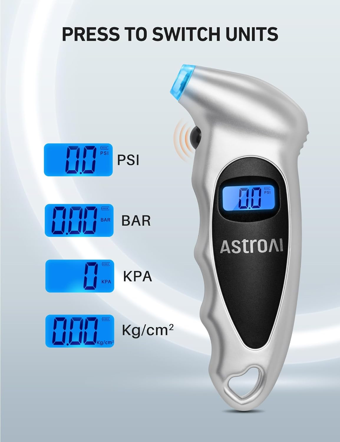 Digital Tyre Pressure Gauge 150 PSI 4 Settings for Car Truck Bicycle with Backlit LCD and Non-Slip Grip Tyre Pressure Checker, Silver