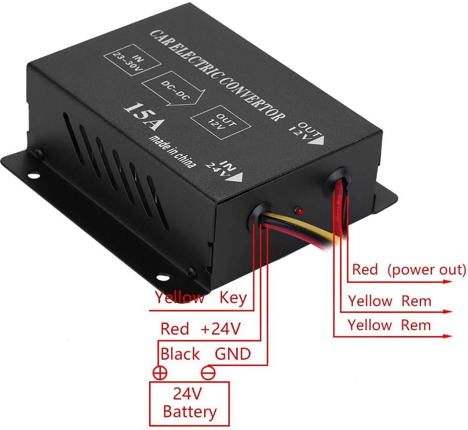 DC 24V to 12V Power Inverter Converter Car Truck Electric Voltage Reducer Step-Down Transformer (24V to 12V/15A/180W)